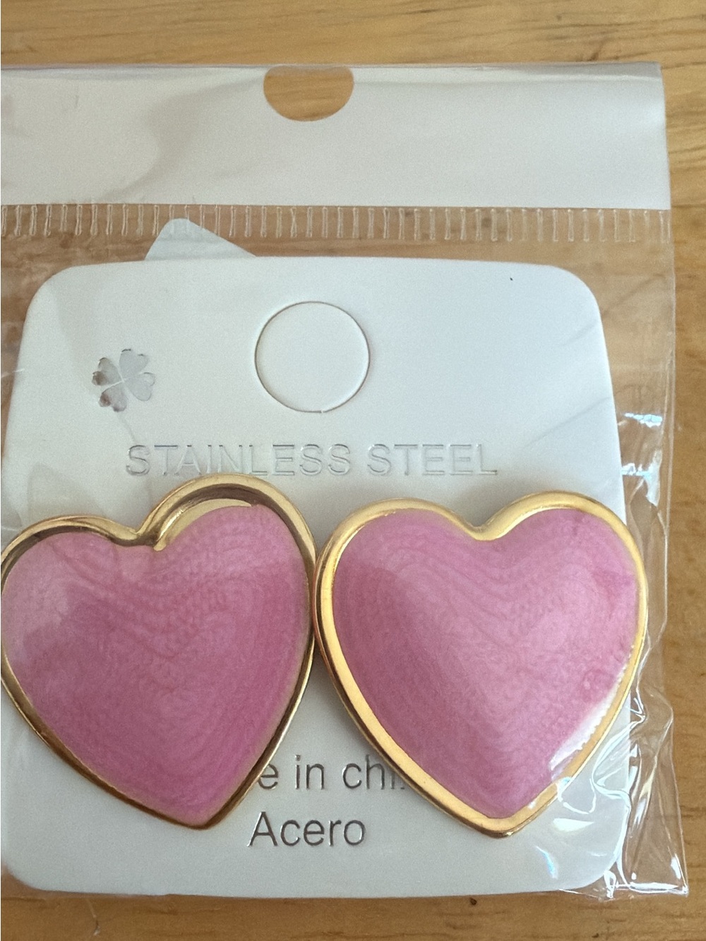 Pink Heart Stainless Steel Earrings with Gold Trim
